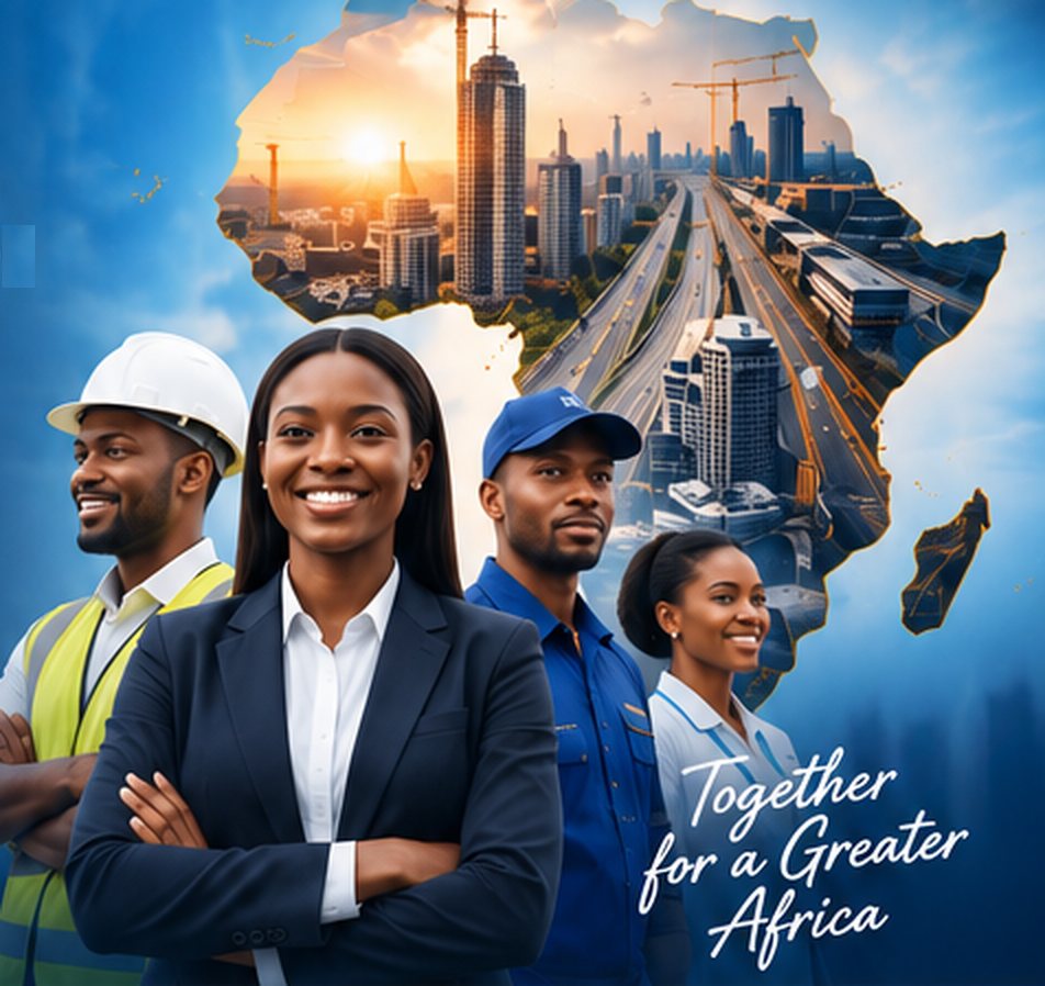 Team Power workers and professionals standing in front of a map of Africa filled with city skylines